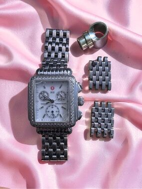 Michele Deco Silver Diamond Dial Watch Women Stainless Steel With 15 Straps